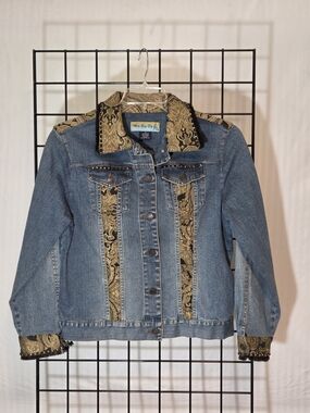 Embellished Blue Denim Jacket with Gold Paisley Trim